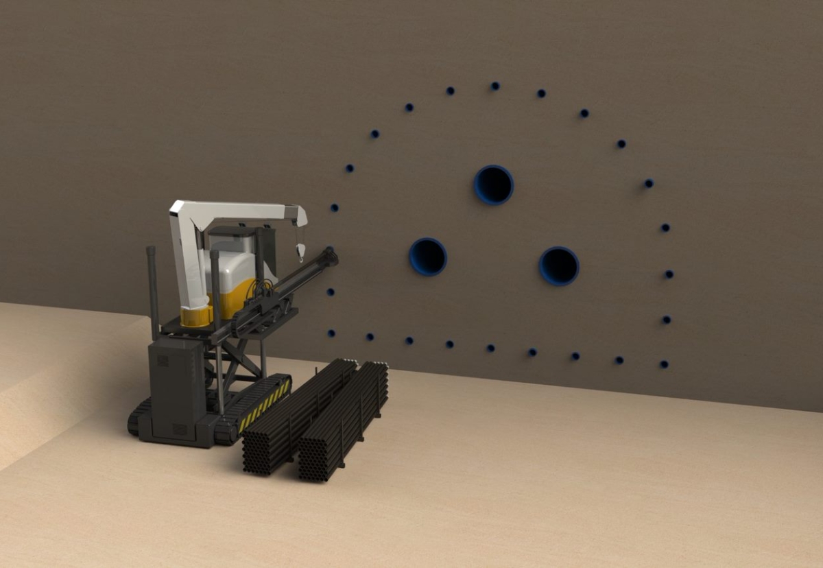 Using horizontal directional drilling (HDD) a series of bore pipes are drilled in the geology to form the outline of the tunnel. With precision accuracy, a number of semi-autonomous robots move throughout the inside of the bores to create the structural shell of the tunnel using swarming techniques.