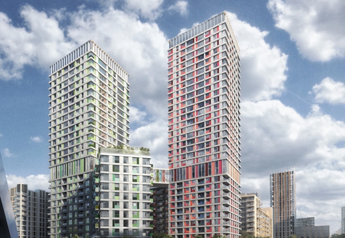The designs of the towers feature a grid of glass-fibre reinforced concrete, with coloured panels within the grid.