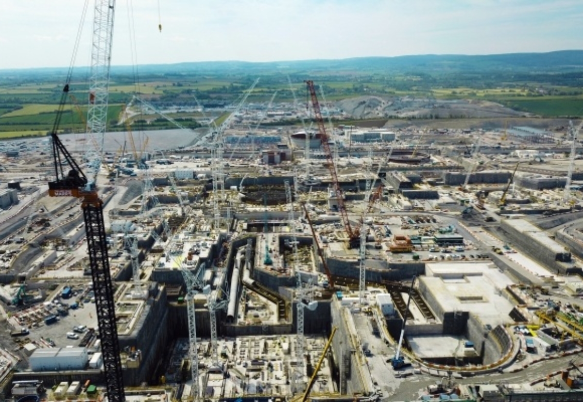 The view south across the Hinkley Point C Construction Site showing the main excavations and pipework for the cooling water systems of unit 1