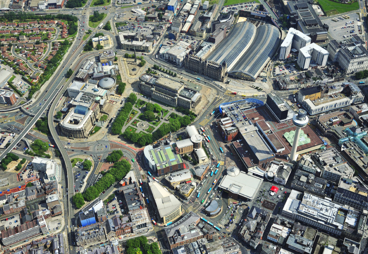 Aerial view of Churchill Way Flyovers – from Dale Street