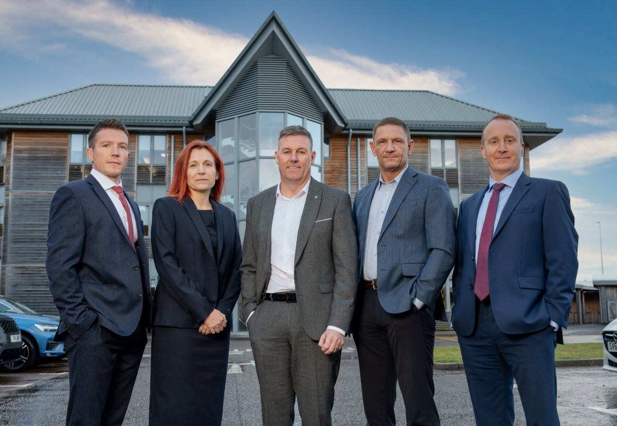 Bancon Group’s operating board, from left to right : David Crawford, Deeside Timberframe Managing Director; Senga Buntrock, People, Culture & Organisational Development Director;  Kevin McColgan, Bancon Group CEO; Jamie Tosh, Business Operations Director; Andrew Tweedie, Group Finance Director.