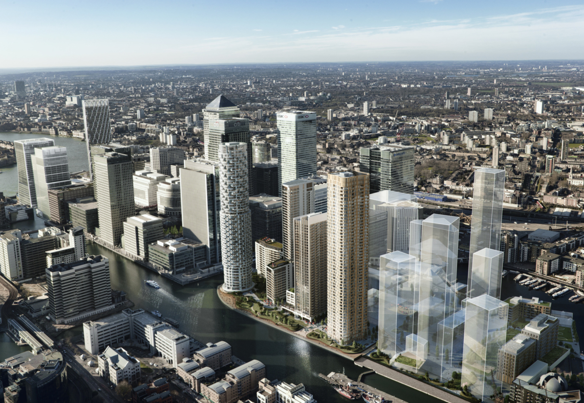 Phase 2 of Wood Wharf development represented with transparent blocks