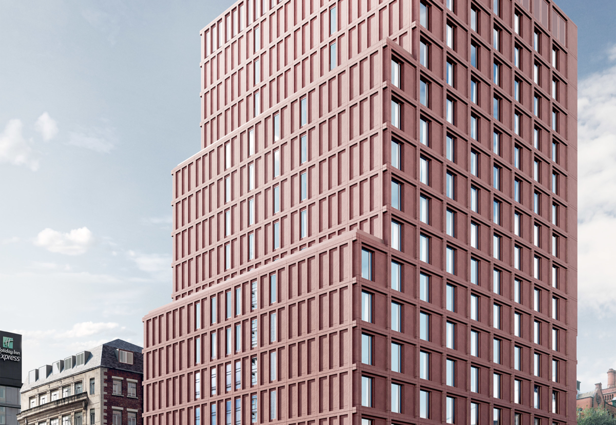 Cladding on the Charles Street building is made up of terracotta-pigmented pre-cast concrete