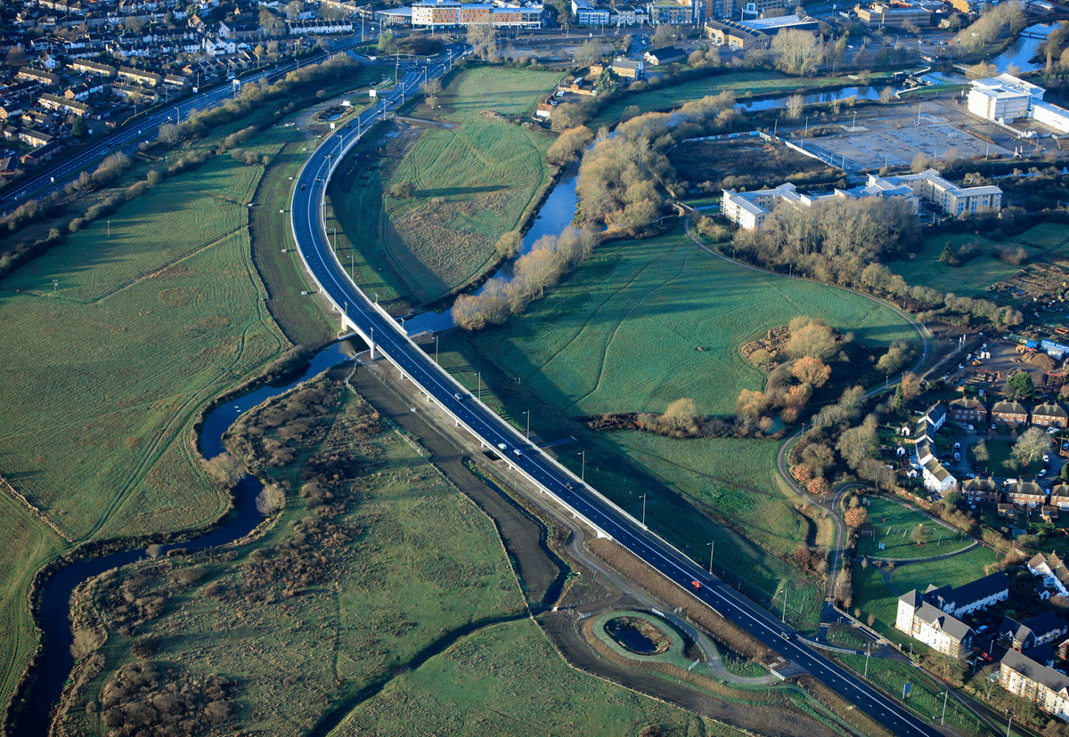 Aerial picture of Graham's previous road project for the local authority, the the A138 Chelmer Viaduct