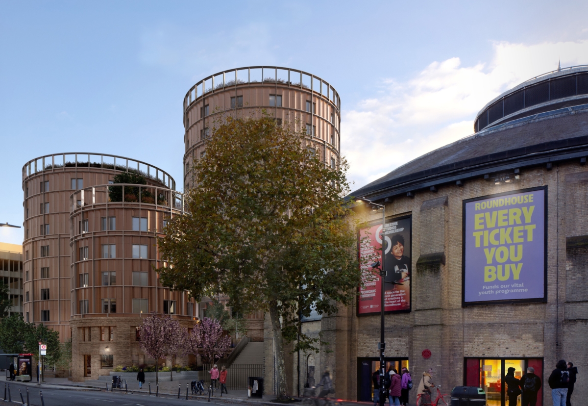 Planned distinctive barrel-shaped student blocks next to Camden Roundhouse