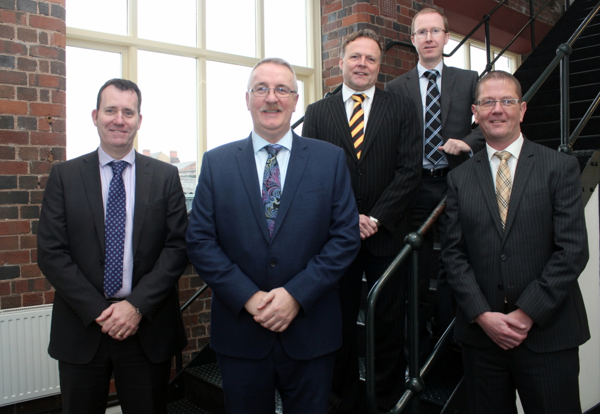 J S Wright’s five Executive Directors who have bought out the company: from left to right, National Mechanical Contracts Director Phil Leech, Managing Director Marcus Aniol, National Electrical Contracts Director Paul Featherston , Finance Director Martin Roberts, and National Design and Estimating Director Andrew Smith