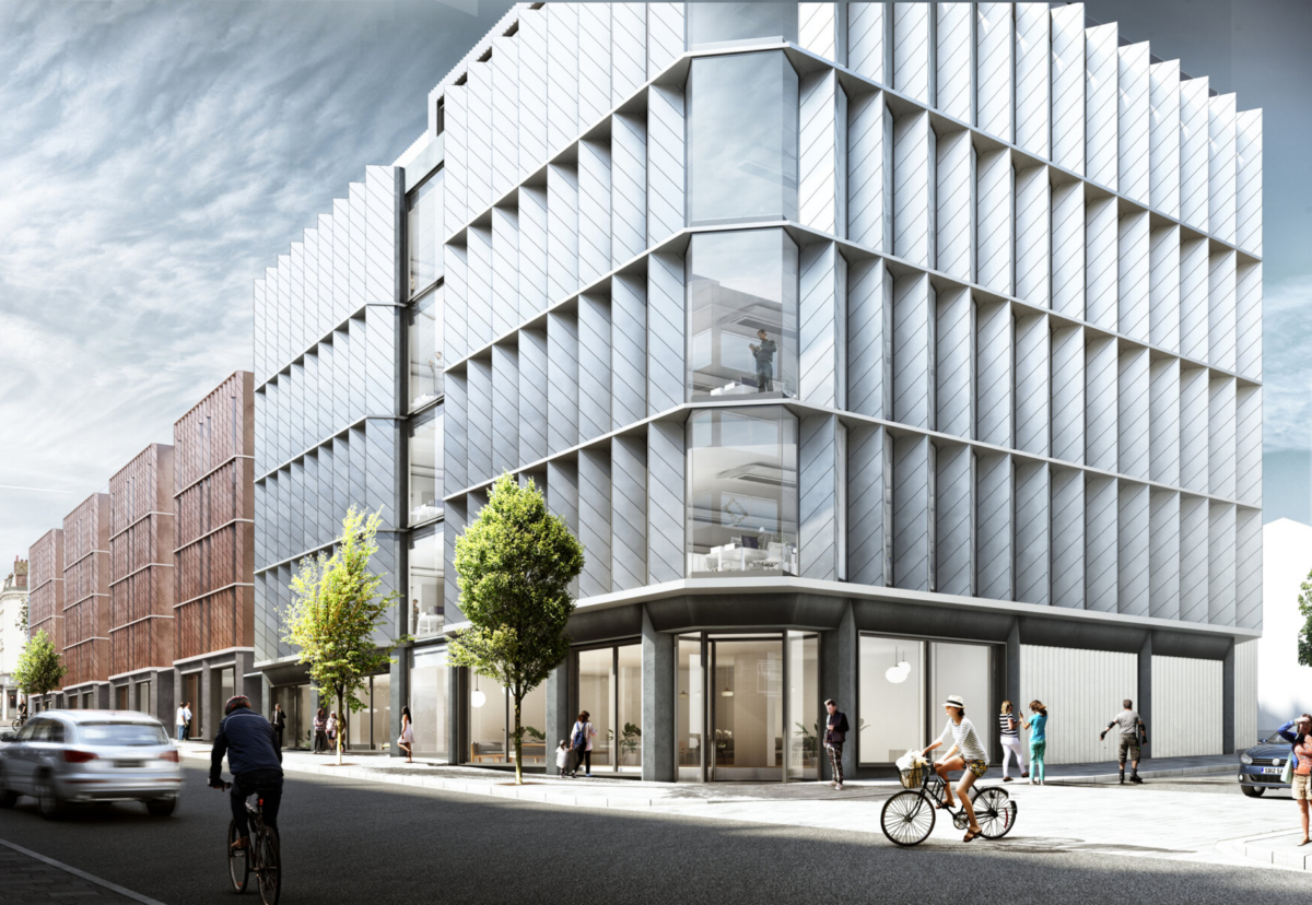 Long development site will feature offices at one end differentiated with a zinc facade