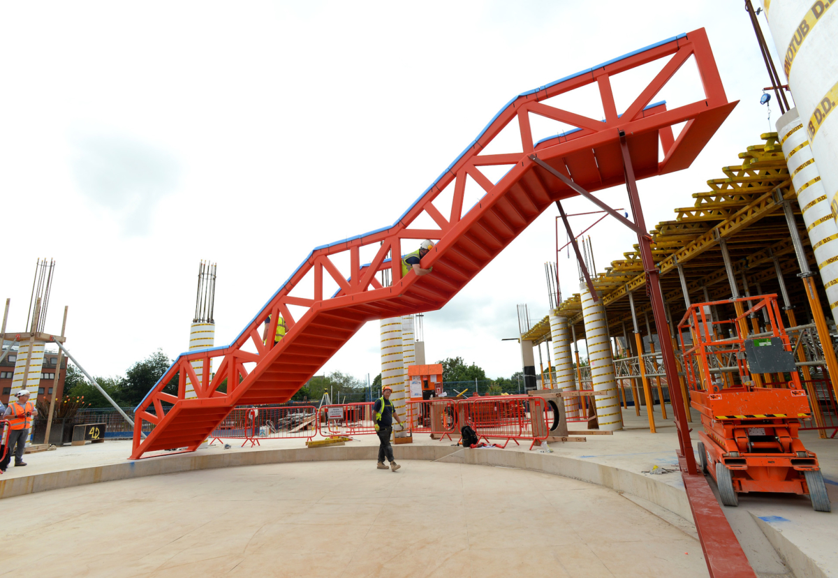 First stair of oculus staircase installed at Cardiff Innovation Campus