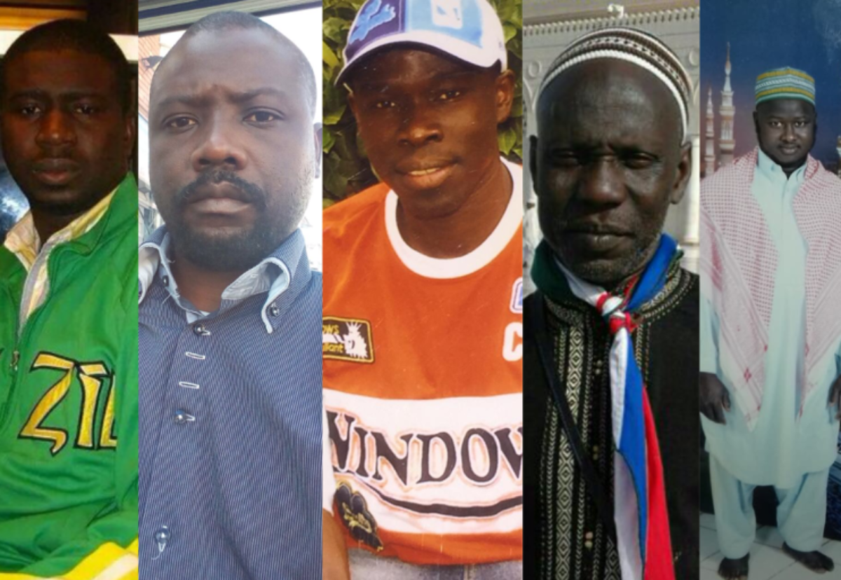 The five victoms from left: Saibo Sumbundo Sillah, Ousman Kaba Diaby, Almamo Kinteh Jammeh, Bangally Tunkara Dukuray and Mahamadou Jagana Jagana