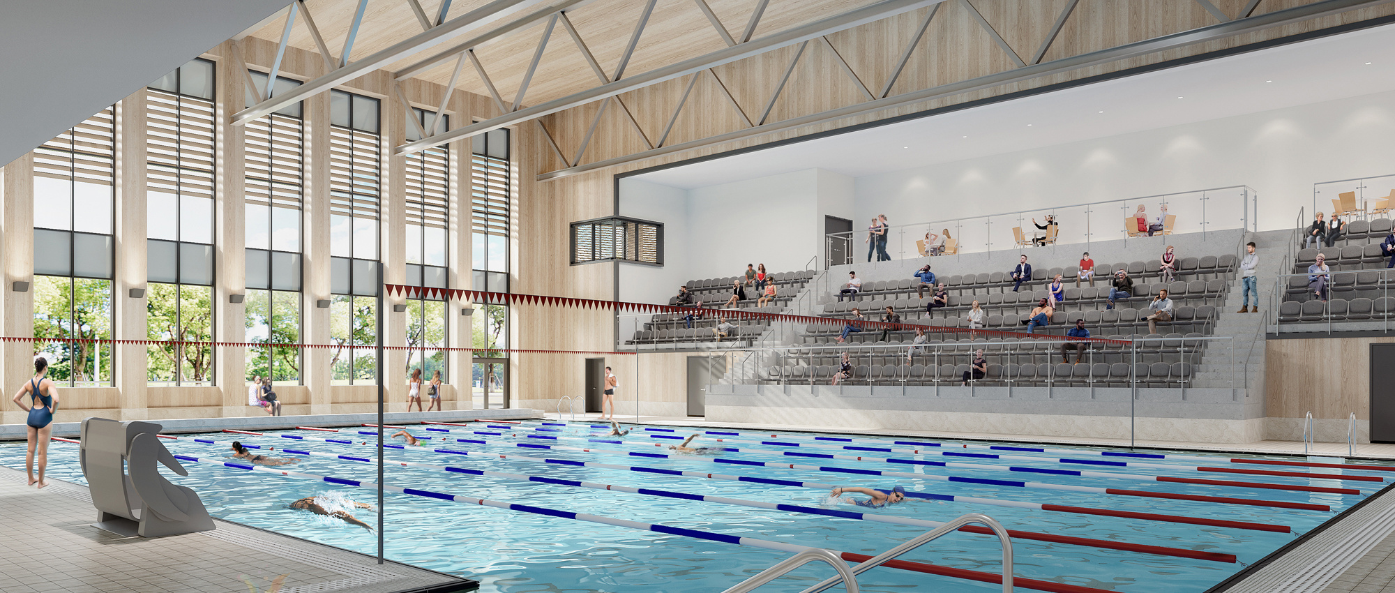 Spelthorne Leisure Centre: 25m swimming pool with eight lanes, micro filtration and spectator seating. Image: Spelthorne Borough Council
