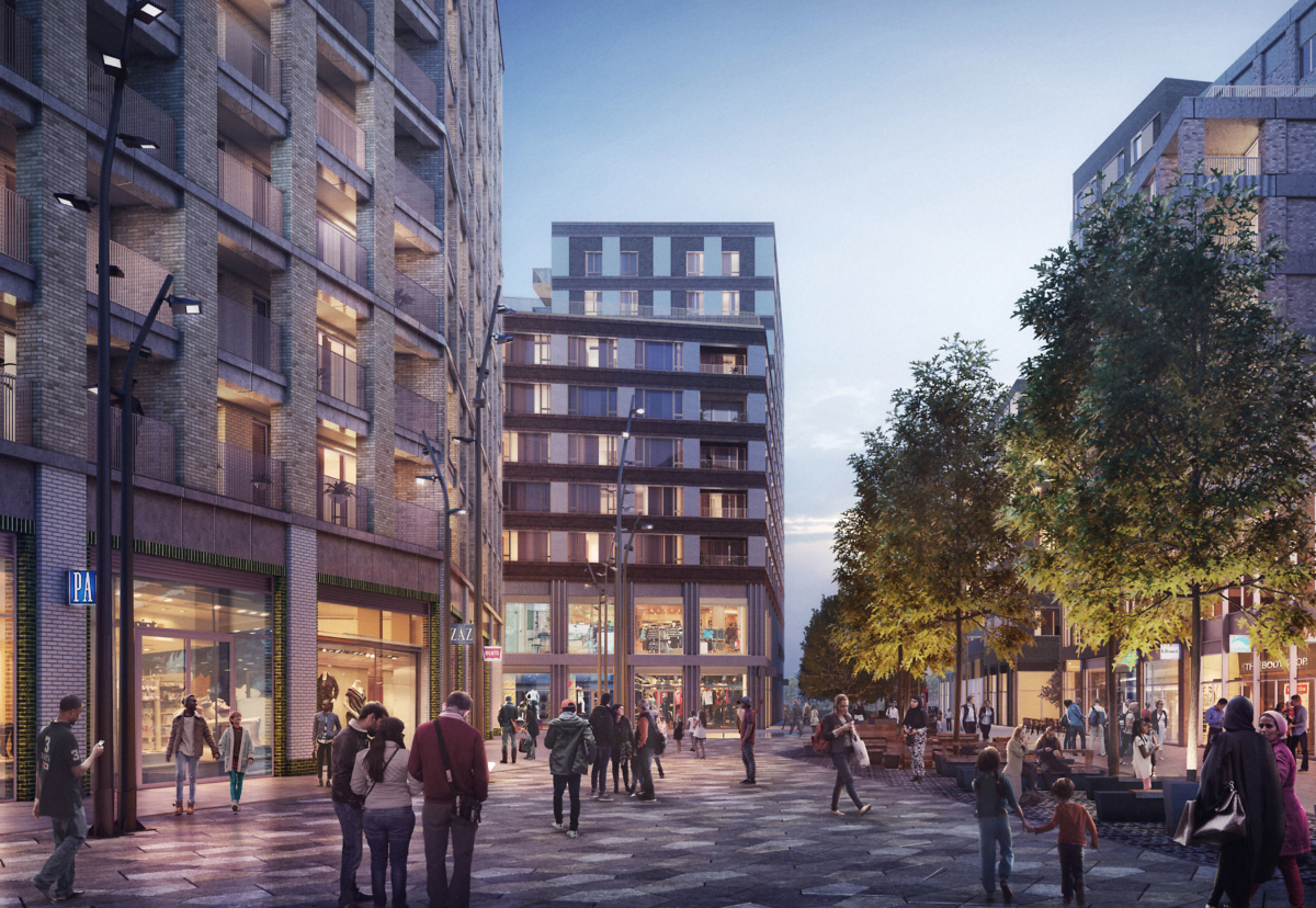 Phase three will see a new residential boulevard along Rathbone Street, a new landscaped park square and the central town place, with a fountain, seating and shops