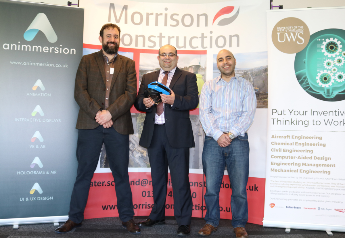 Animmersion Operations Director, Sam Harrison, Morrison Construction Scottish Water Operations Director, Stephen Slessor and University of the West of Scotland Senior Lecturer in Construction Engineering, Mohamed Abdel-Wahab at the VR induction launch 