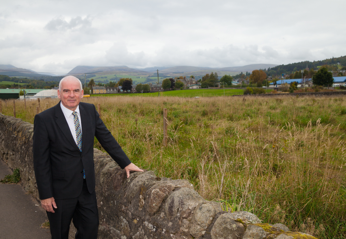 Bryan Wilson, Development Director of London & Scottish Developments surveys the former Tesco site in Broich Road Crieff 