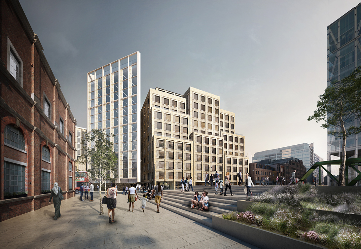 Shoreditch High Street new building façades from Principal Place 