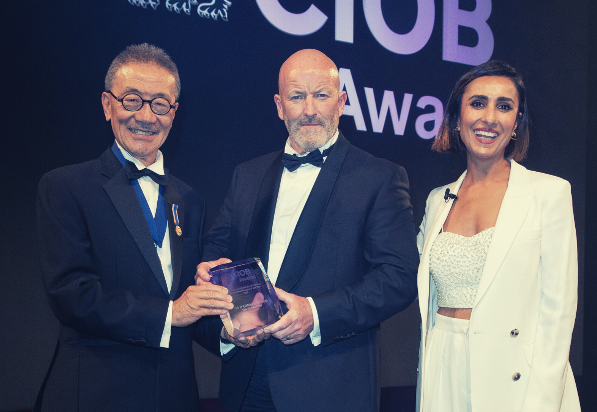 Construction Manager of the Year Joe O’Connell (centre), with CIOB president Michael Yam (left), and TV presenter Anita Rai