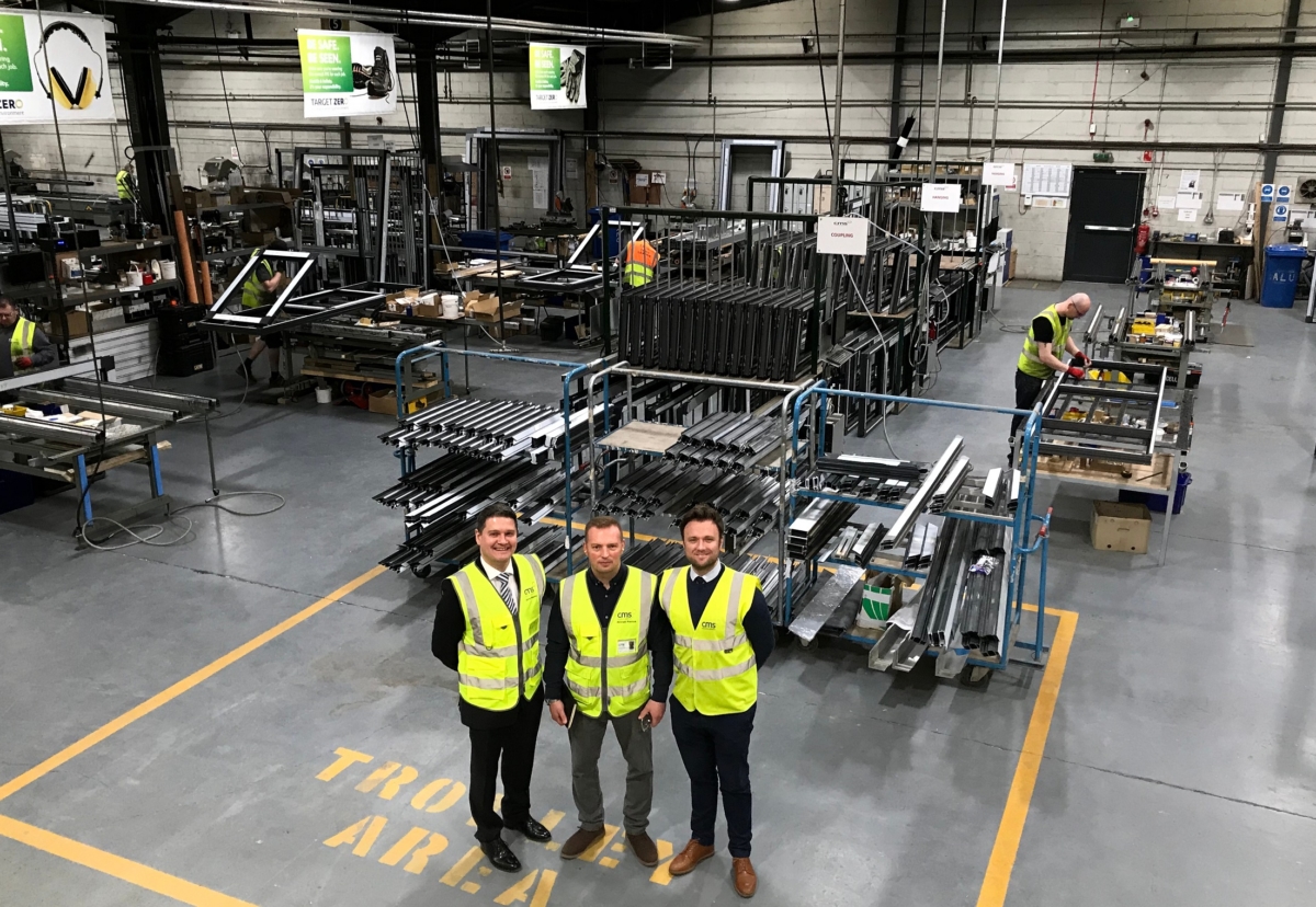 Inside the CMS Window Systems manufacturing facility at Castlecary: L to R David Ritchie (Chief Operating Officer at CMS Window Systems), Alister Patrick (Aluminium Factory Manager) and Stephen Anderson (Aluminium Contracts Director).
