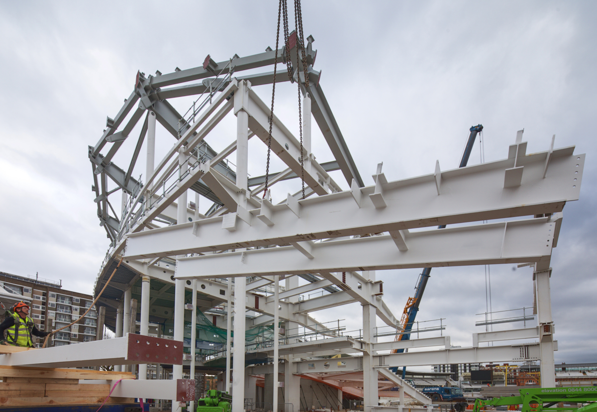 Lord's Cricket Ground stand steelwork being installed