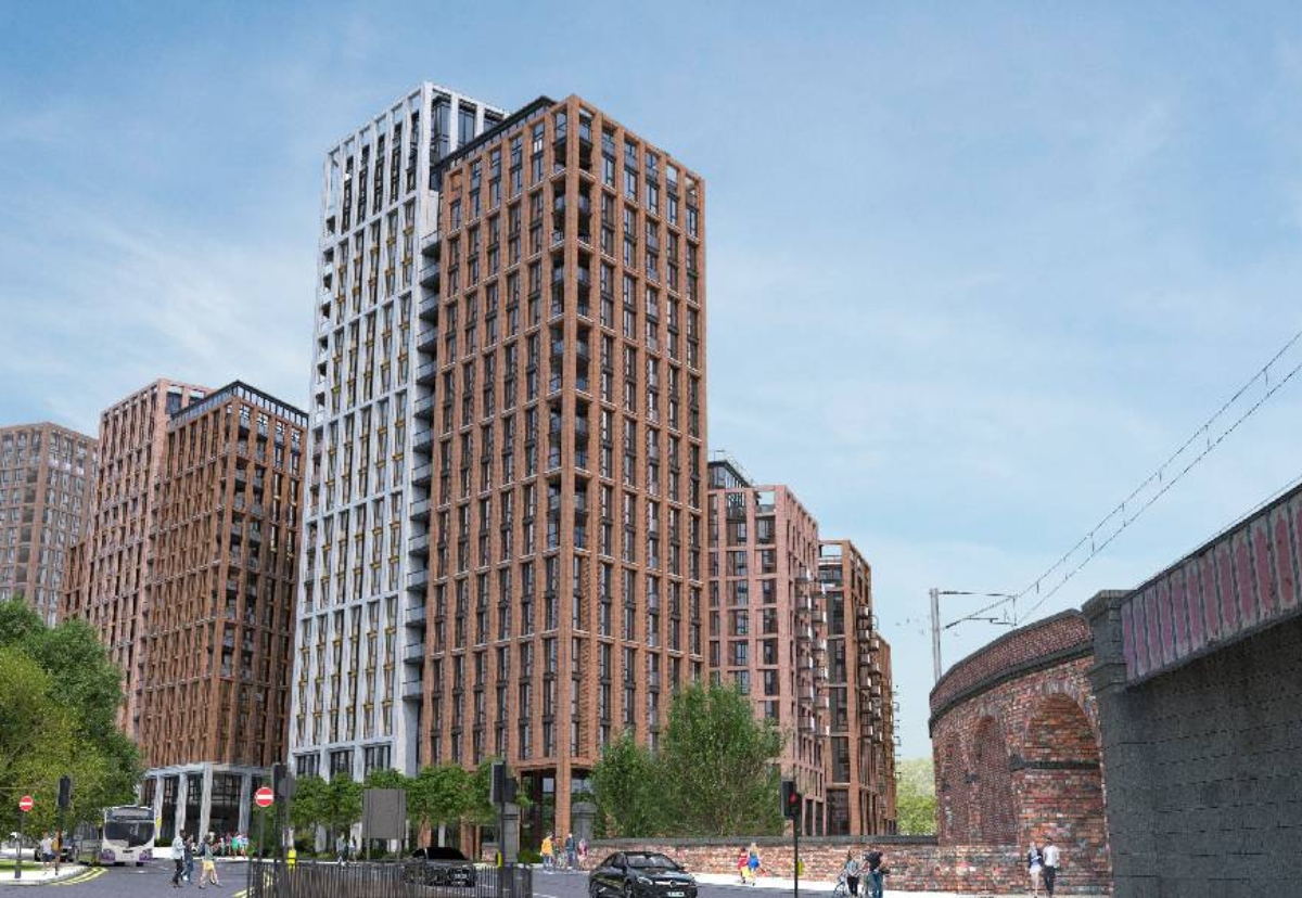 Previous consented Leeds City Village plan comprising five separate buildings of varying heights set within a quality public realm