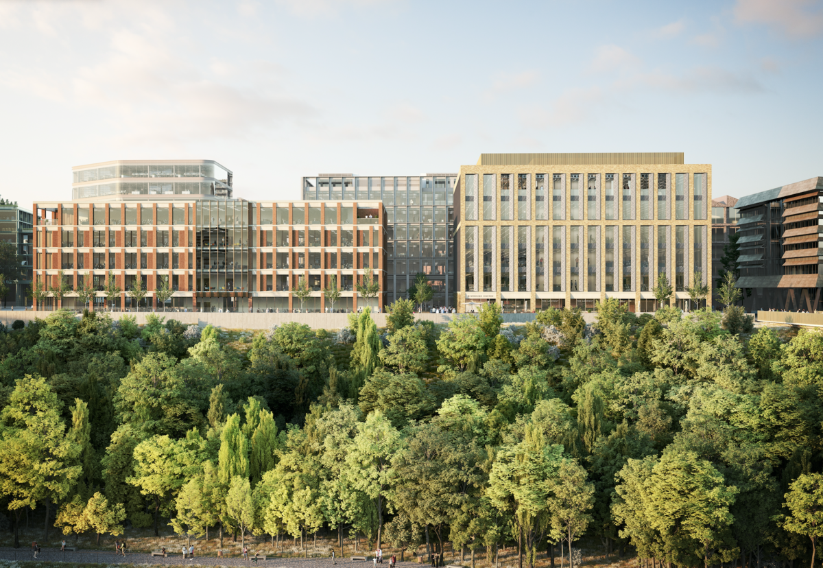 Designs follow the grid-like expression of City Hall, with metallic features and heavy glazing 