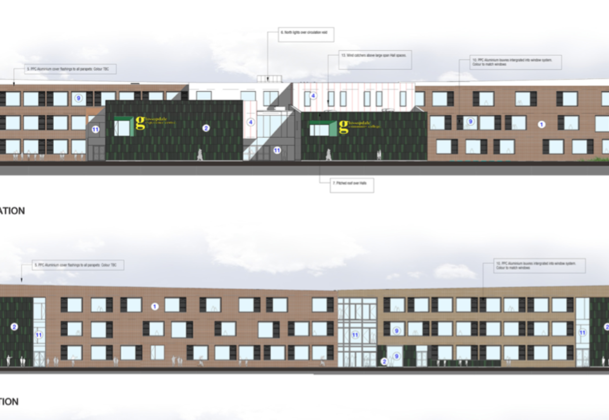 Front and rear elevations of Glossopdale Community College