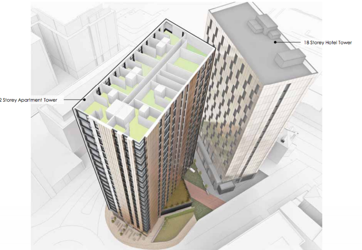 Previous scheme with flats block and 18-storey hotel