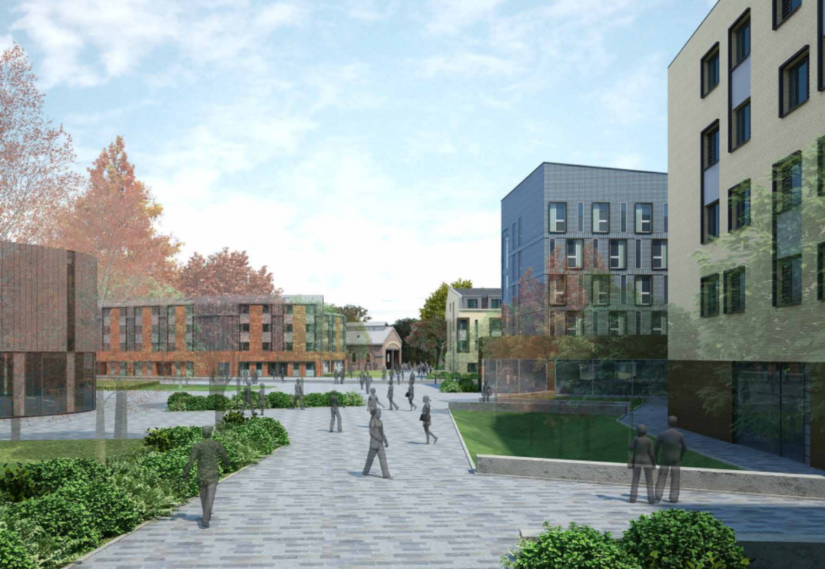 The new Wateside university campus is set to feature terraced housing styled student accommodation blocks and a 32-bed hotel.