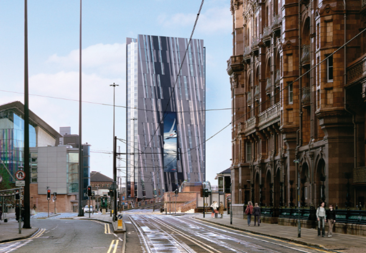 Bronze and glass facade building will include a 30m tall media screen