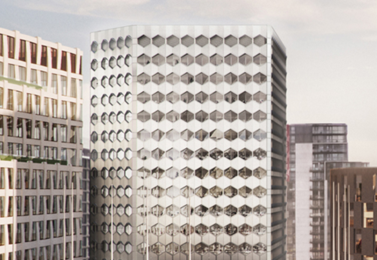 New 14-storey building will be clad in a geometric pattern of hexagonal metallic panels