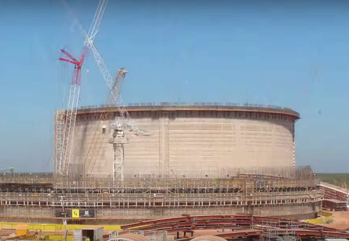 One of four cryogenic tanks under construction at the Ichthys LNG project