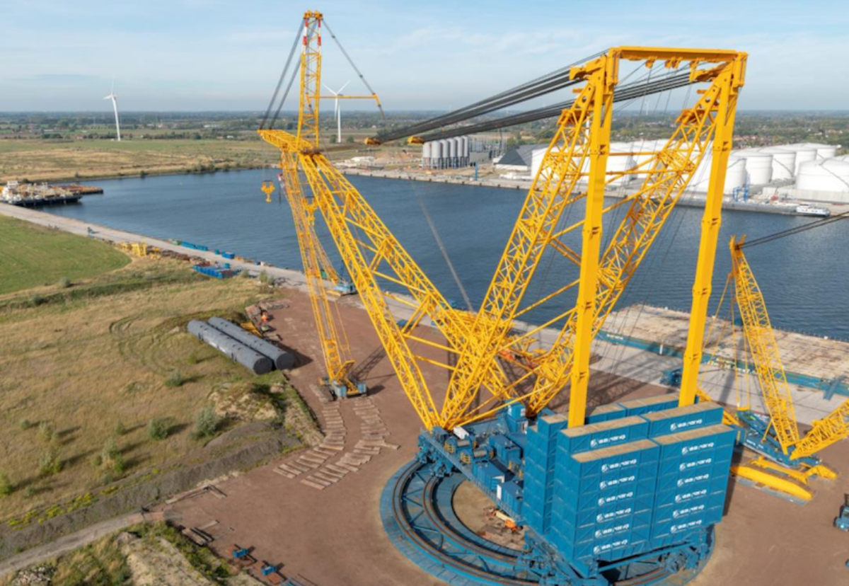 The giant crane was launched in Belgium this month and will now be transported to Hinkley