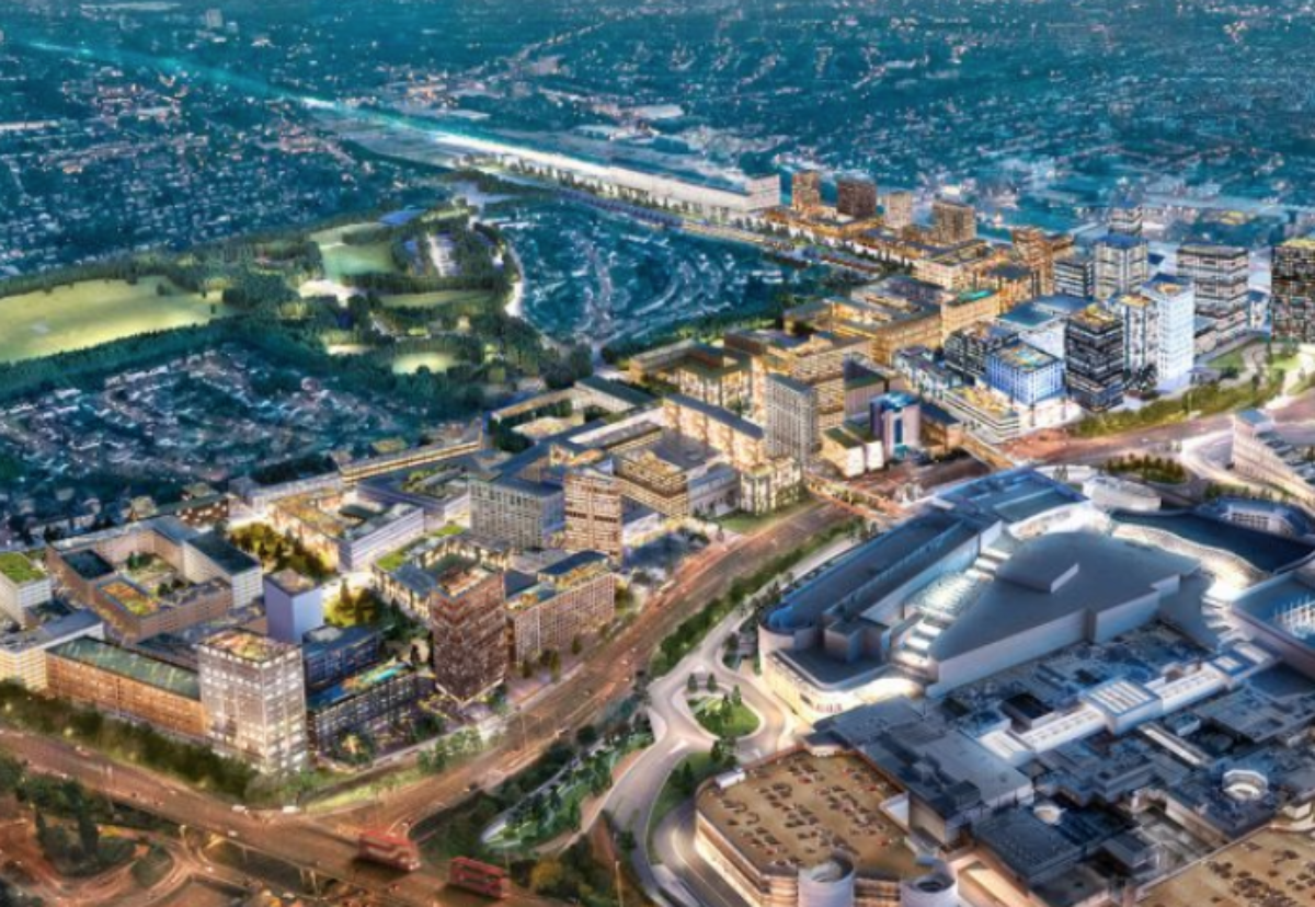 Aerial view of planned Brent Cross South town Centre scheme next to the shopping centre