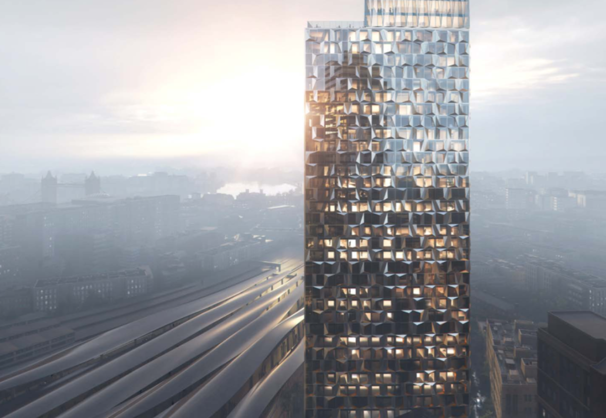 Student skyscraper next to London Bridge station will feature a perforated metal facade that will create a 3D faceted effect