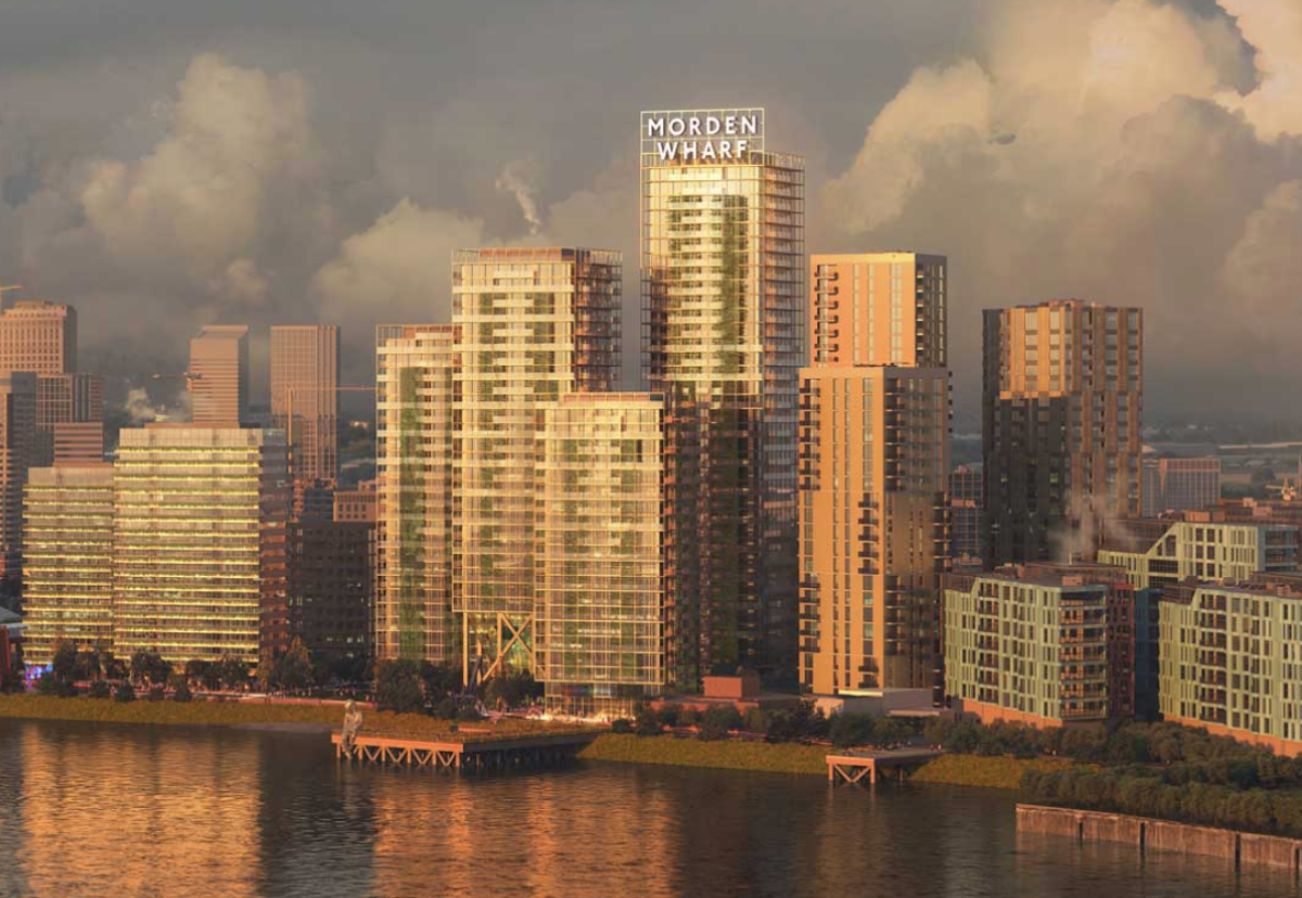 Riverfront view of Morden Wharf, with horizontal and vertical green facades