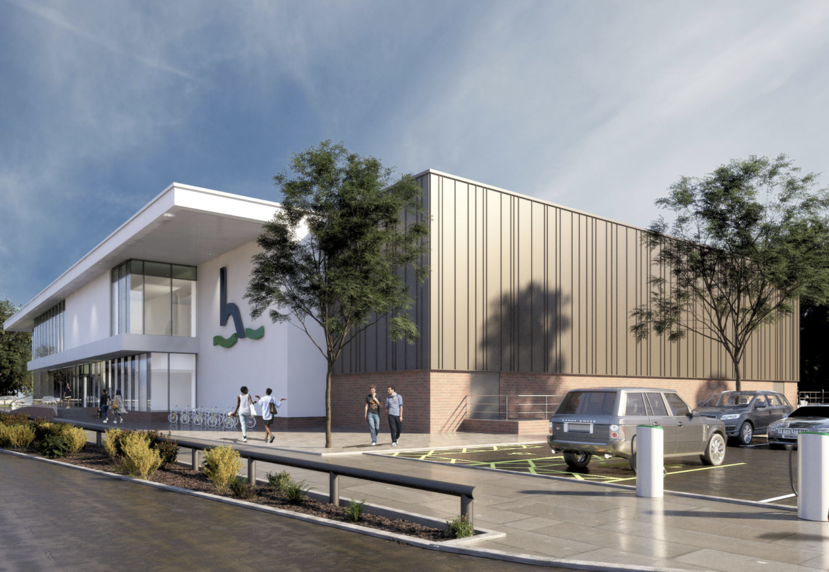 Ellis Williams Architects designed the two-storey swimming pool and sports hall complex