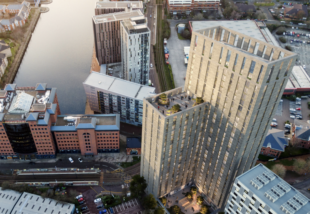 Stepped residential block with L-shaped footprint designed by Chapman Taylor architects