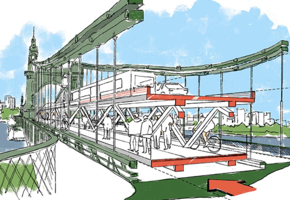 A new raised truss structure would be built above the existing road deck to carry pedestrians and traffic above