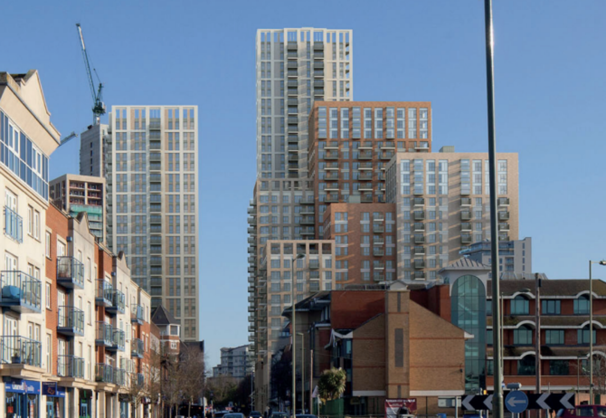 Architect JTP has designed a wide pedestrian boulevard lined with trees between the towers