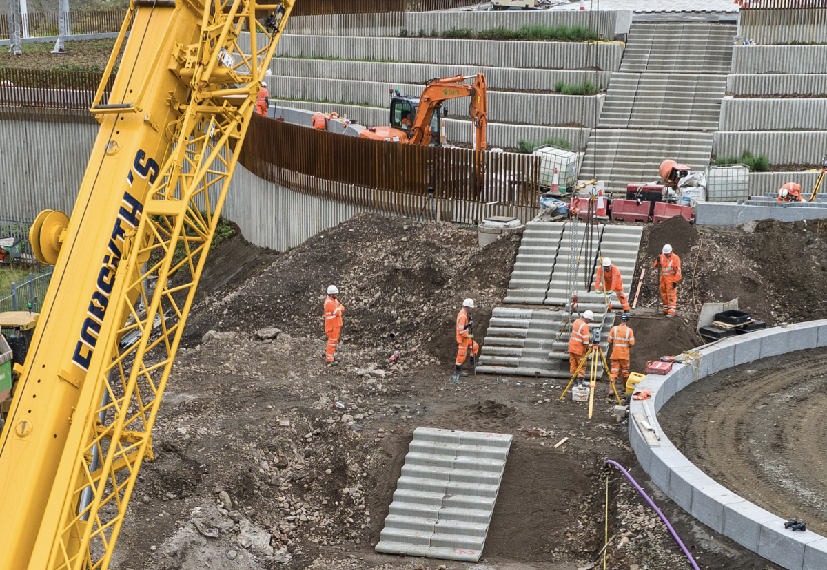 3D printed concrete stair sections being installed