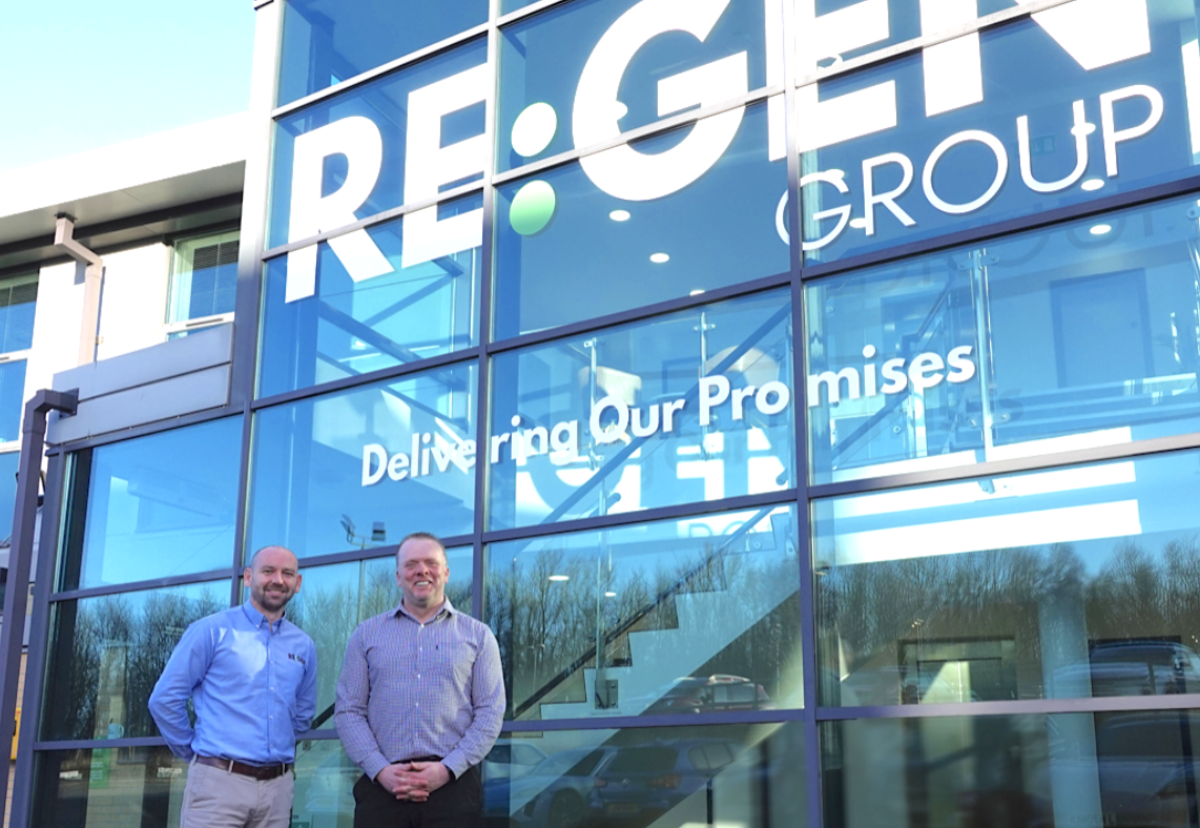 Lee Francis, CEO at RE:GEN(left) with former Tolent employee, Anthony Wade just appointed as MD of RE:GEN Solutions in front of the new head office in Sunderland