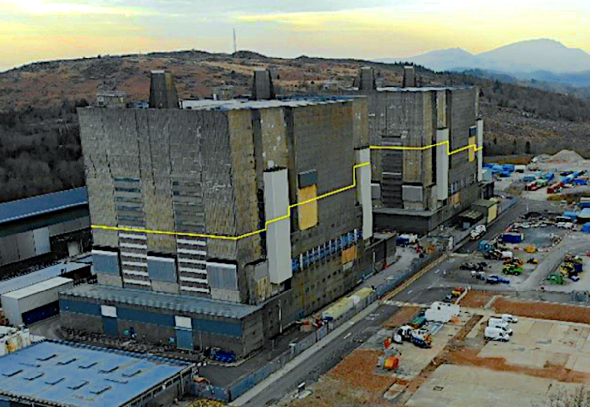 Trawsfynydd reactor buildings indicating the height reduction level.