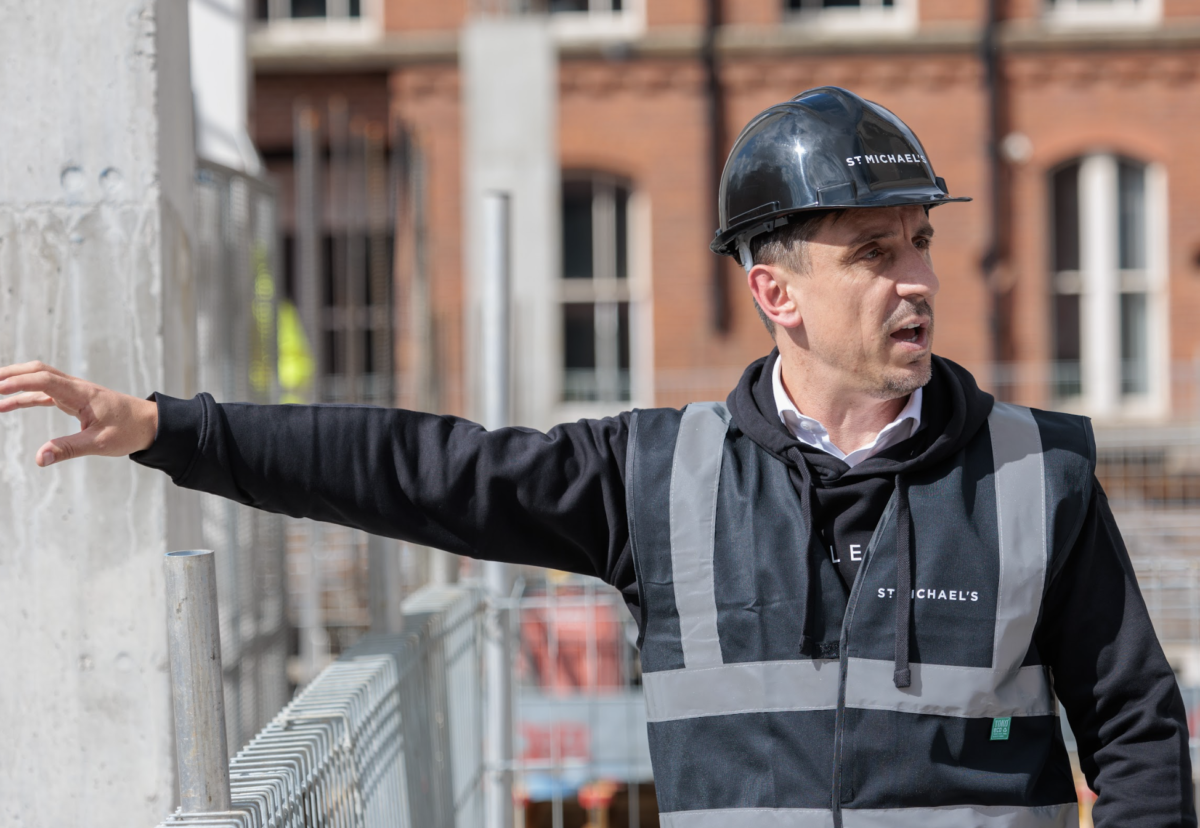 Gary Neville, director at developer Relentless, gives thumbs up to tower construction