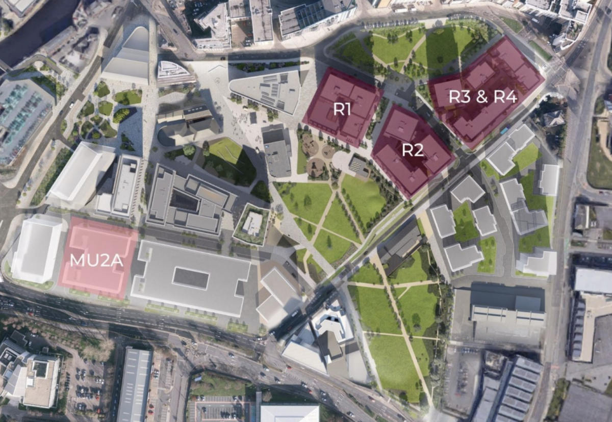 Aerial view of residential plots and multi-storey car park plot MU2A