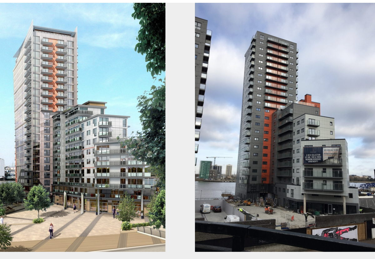 The approved plans (left) and how the scheme looks now after construction