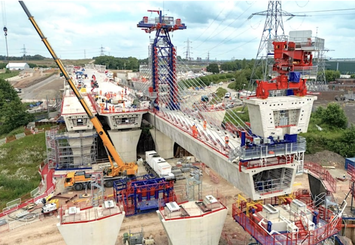Temporary works give the box viaduct an appearance of a cable-stayed bridge during construction