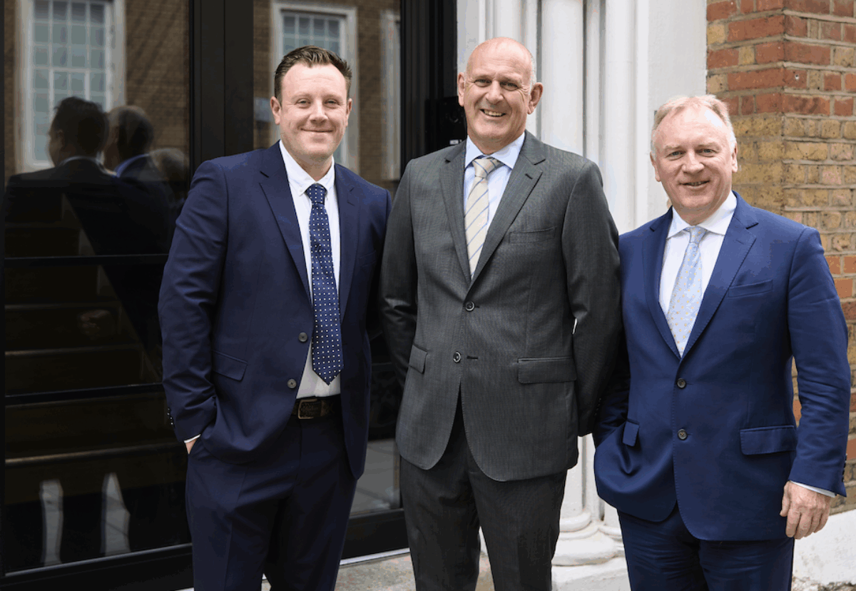 Noel Elliott, CEO, Elliott Group UK, Eddie Campion, Managing Director, UK, and Shaun Atkinson, Fit Out Director UK, pictured outside the Elliott Group London office on Moreland Street
