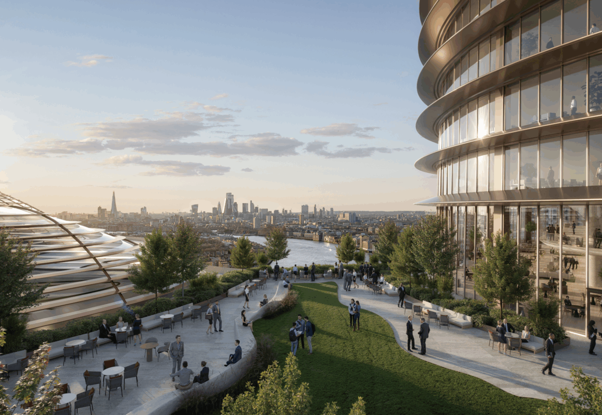 First glimpse of elevated riverside terrace on cylindrical tower