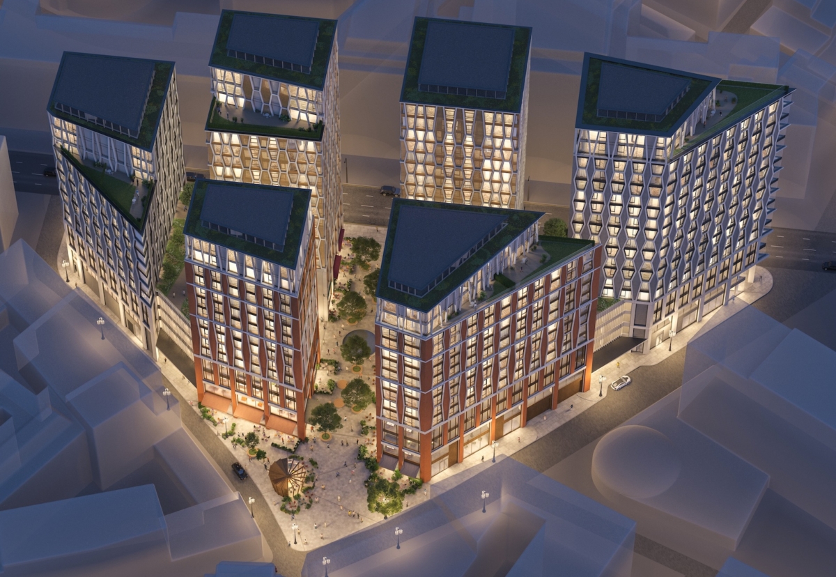 The Broadway development is carved broadly into two halves, and will sit on two four-storey “podiums” housing retail units on the ground and three storeys of office space, with flats above.