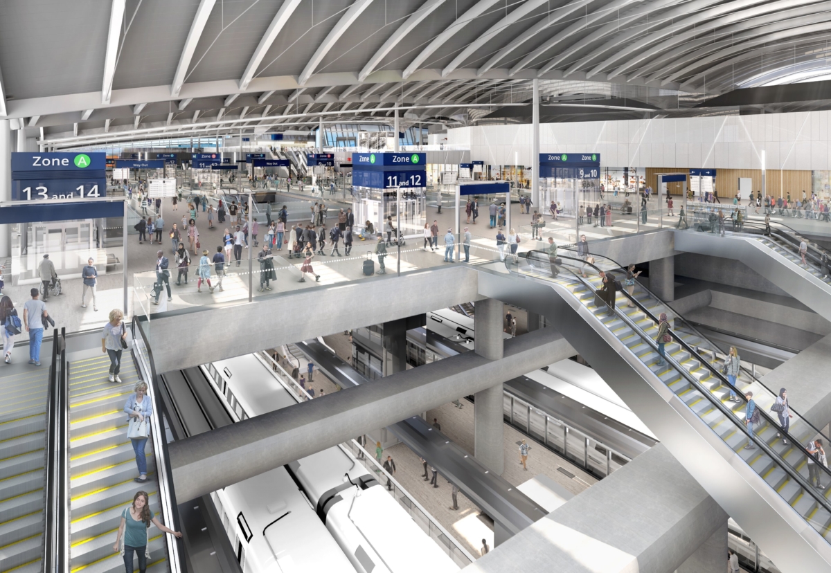 HS2 trains will pass below the convention station which has overbridge links to Crossrail