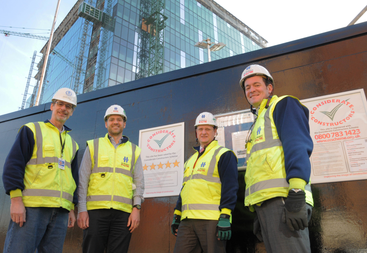 From left to right: Peter Carlson, Bureau of Overseas Buildings Operations, US Government; Matt Goldsworthy, Project Manager, BL Harbert International;  Bob Kay, Project Manager, Sir Robert McAlpine; and Pat Kelly, Works Manager, Sir Robert McAlpine.