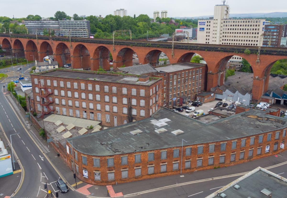 Weir Mill will be converted into 250 flats with ground floor café-bars, delis and independent shops and surrounding courtyards and green spaces